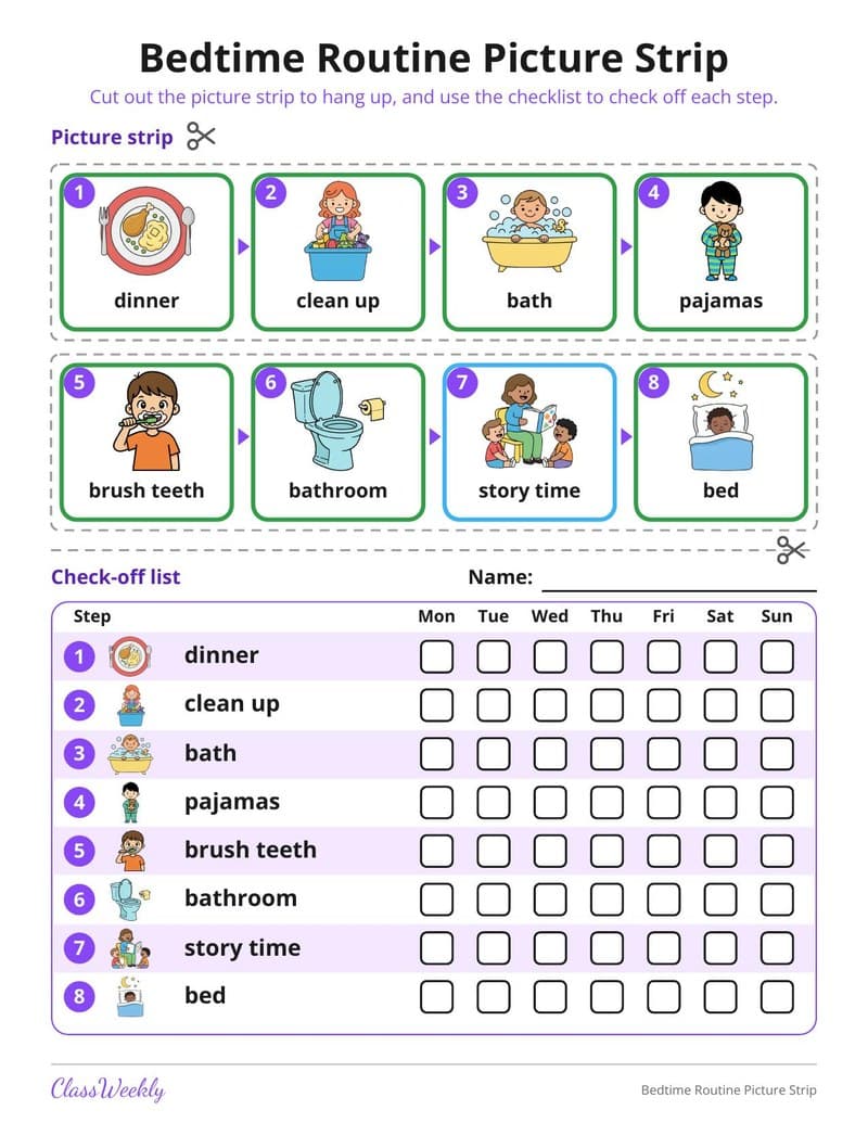 Bedtime Routine Picture Strip - Kindergarten Visual Schedules worksheet preview