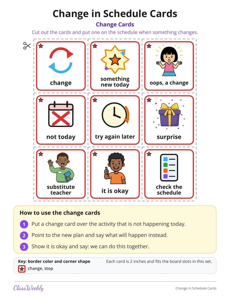 Change in Schedule Cards - Kindergarten Visual Schedules printable preview