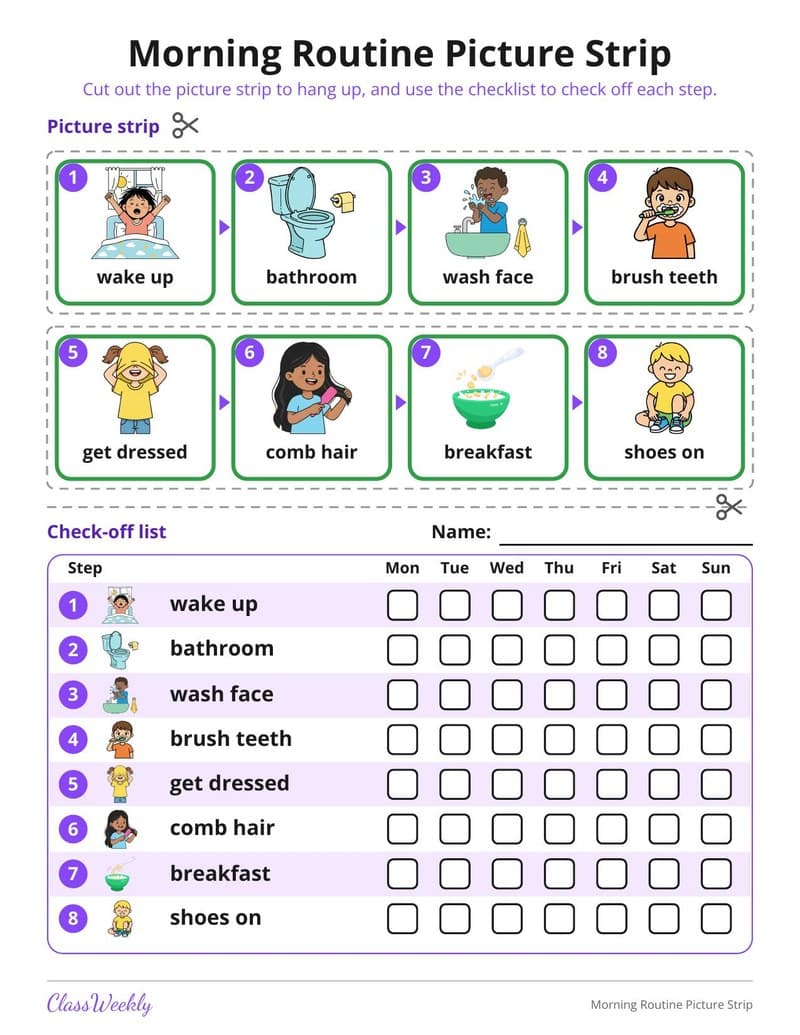 Morning Routine Picture Strip - Kindergarten Visual Schedules worksheet preview