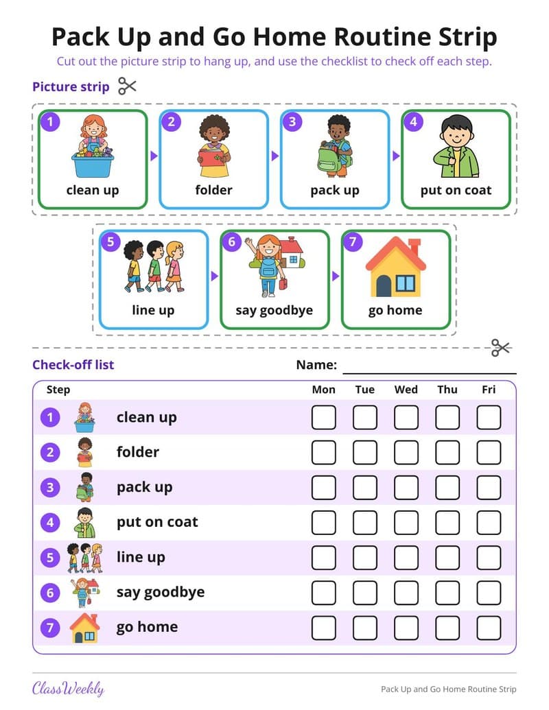 Pack Up and Go Home Routine Strip - Kindergarten Visual Schedules worksheet preview