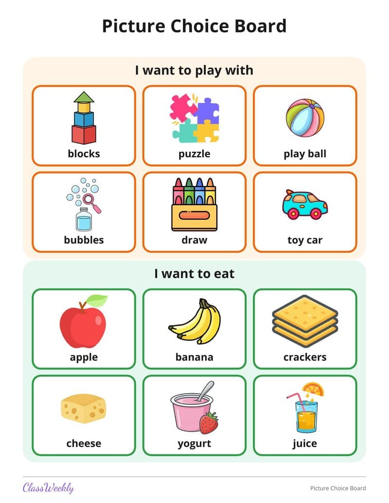 Picture Choice Board - Kindergarten Visual Schedules printable preview