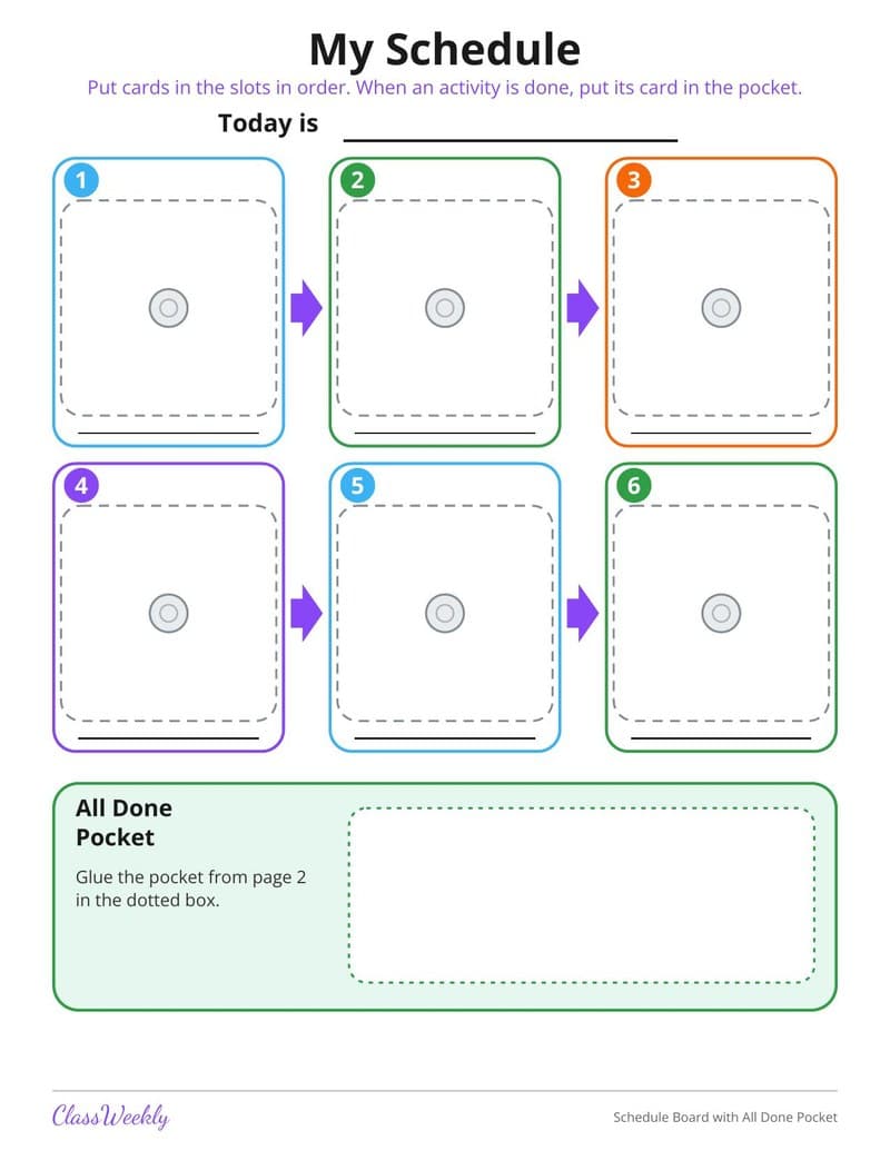 Schedule Board with All Done Pocket - Kindergarten Visual Schedules worksheet preview