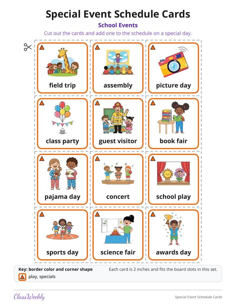 Special Event Schedule Cards - Kindergarten Visual Schedules worksheet preview