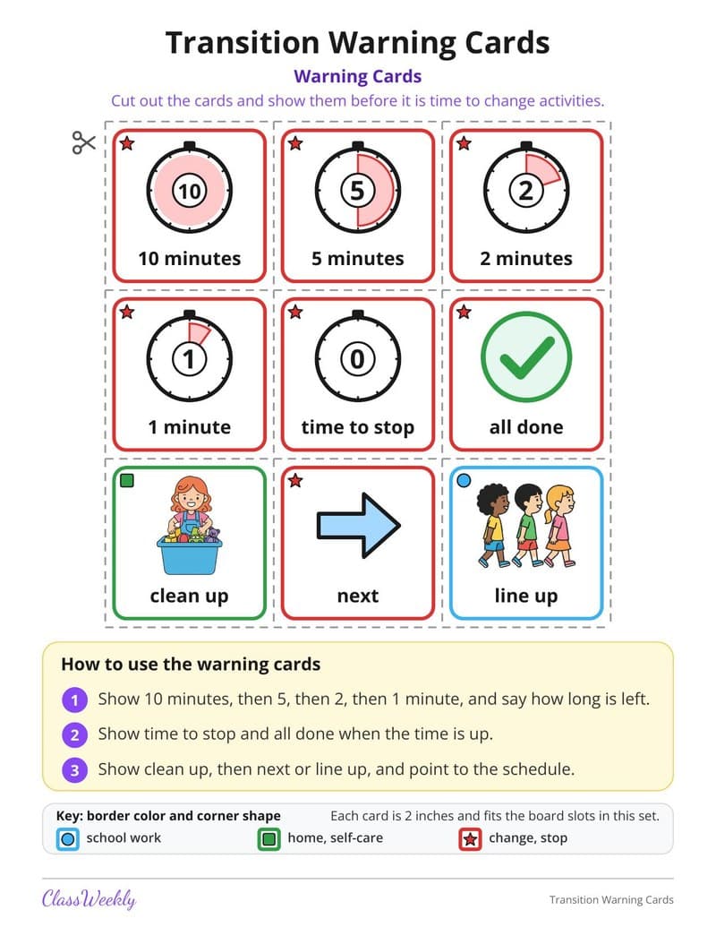 Transition Warning Cards - Kindergarten Visual Schedules worksheet preview