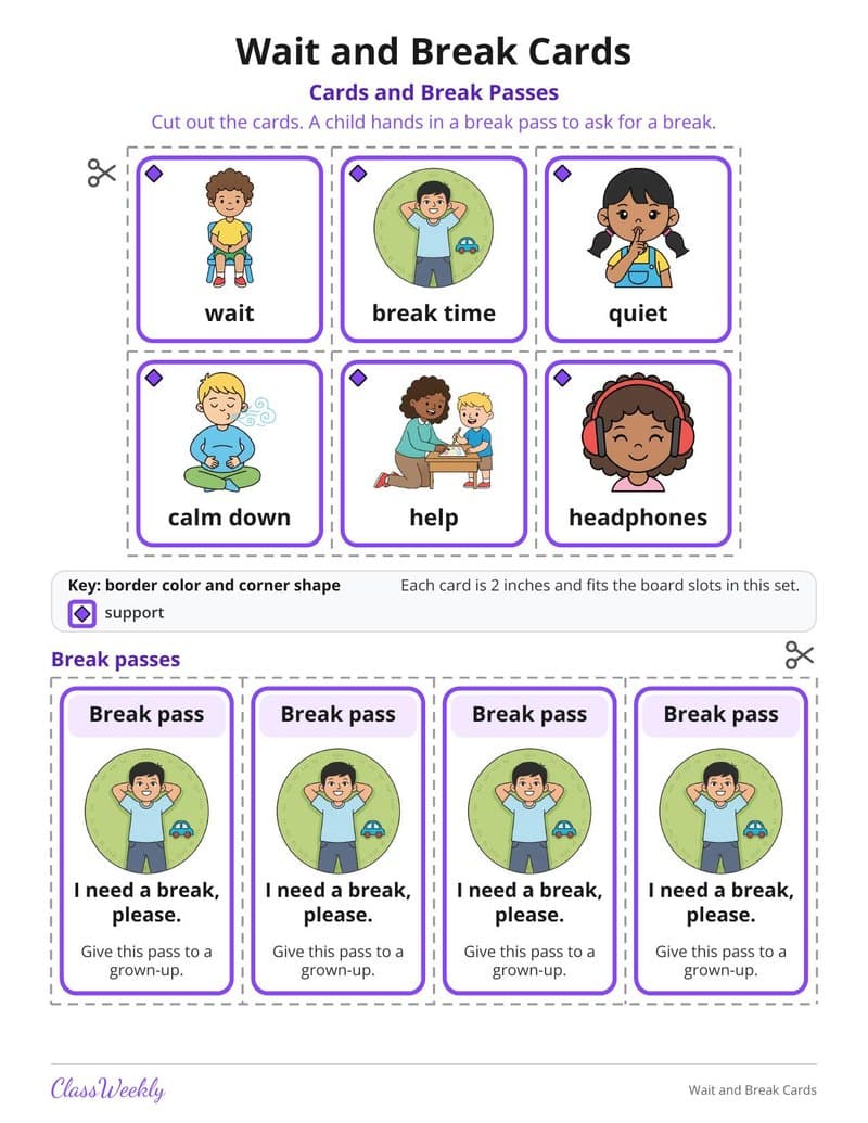 Wait and Break Cards - Kindergarten Visual Schedules worksheet preview