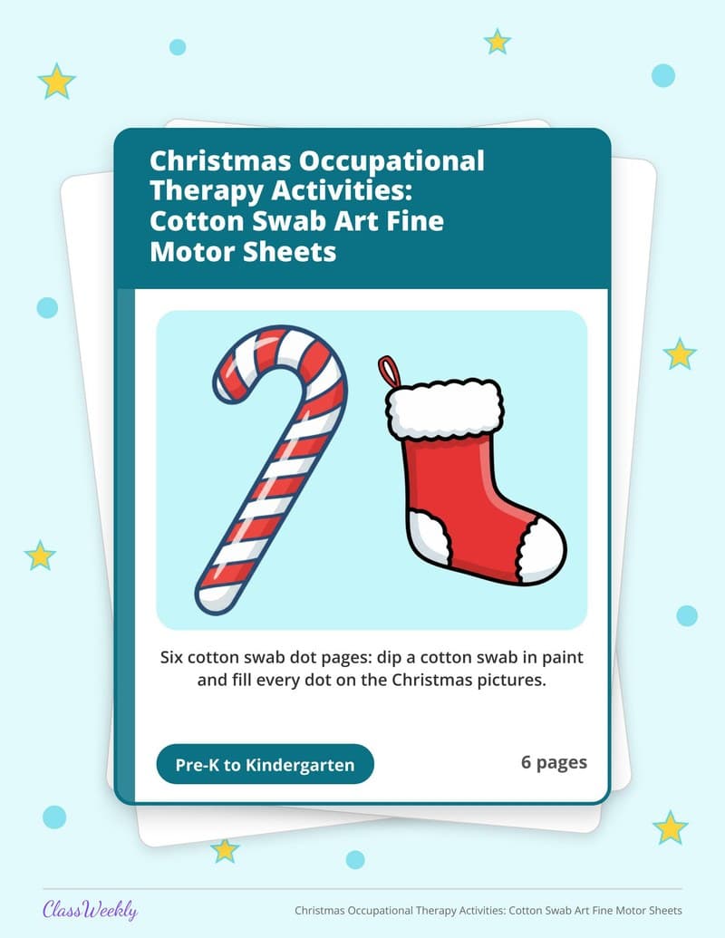 Christmas Occupational Therapy Activities: Cotton Swab Art Fine Motor Sheets - Kindergarten Writing printable preview