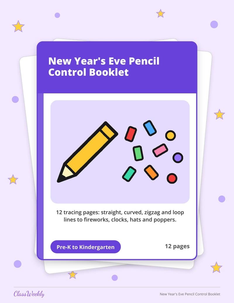 New Year's Eve Pencil Control Booklet - Kindergarten Writing printable preview