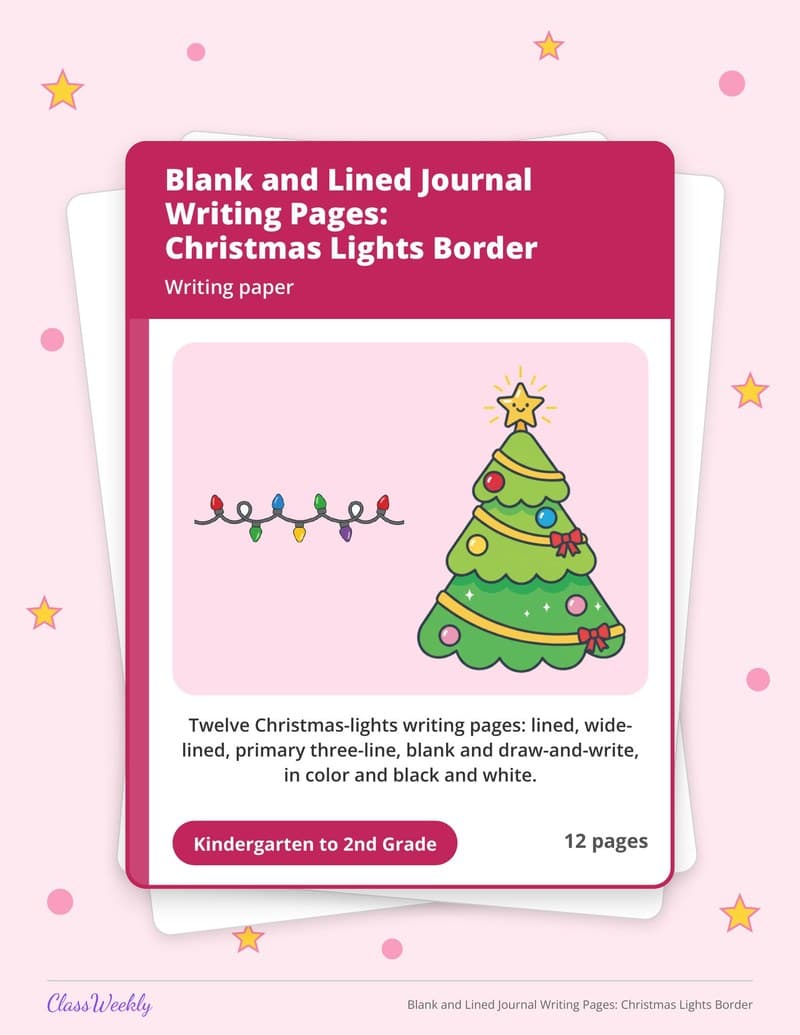 Blank and Lined Journal Writing Pages: Christmas Lights Border - Kindergarten Writing Paper printable preview