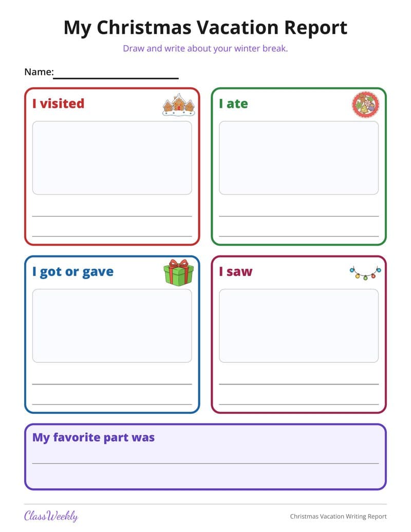 Christmas Vacation Writing Report - Kindergarten Writing Paper printable preview