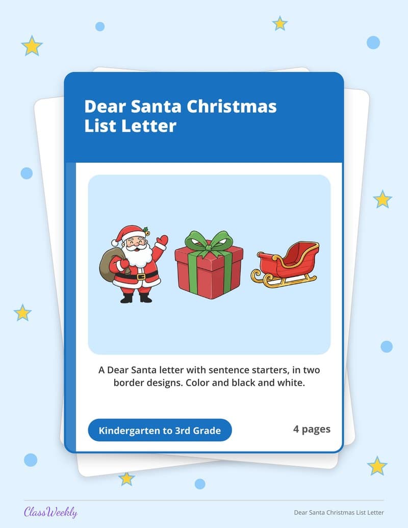 Dear Santa Christmas List Letter - 3rd Grade Writing Paper printable preview