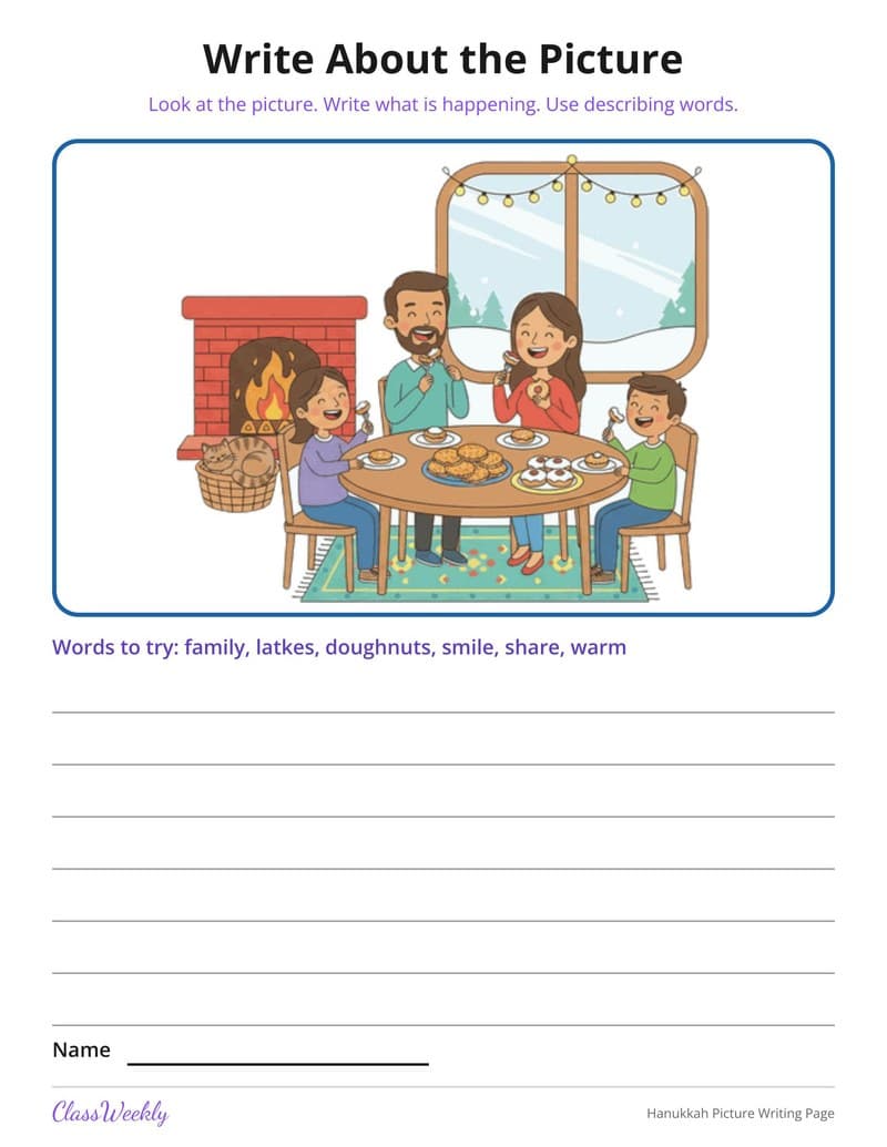 Hanukkah Picture Writing Page - 3rd Grade Writing Paper printable preview