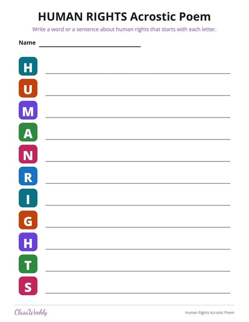 Human Rights Acrostic Poem - Kindergarten Writing Paper printable preview