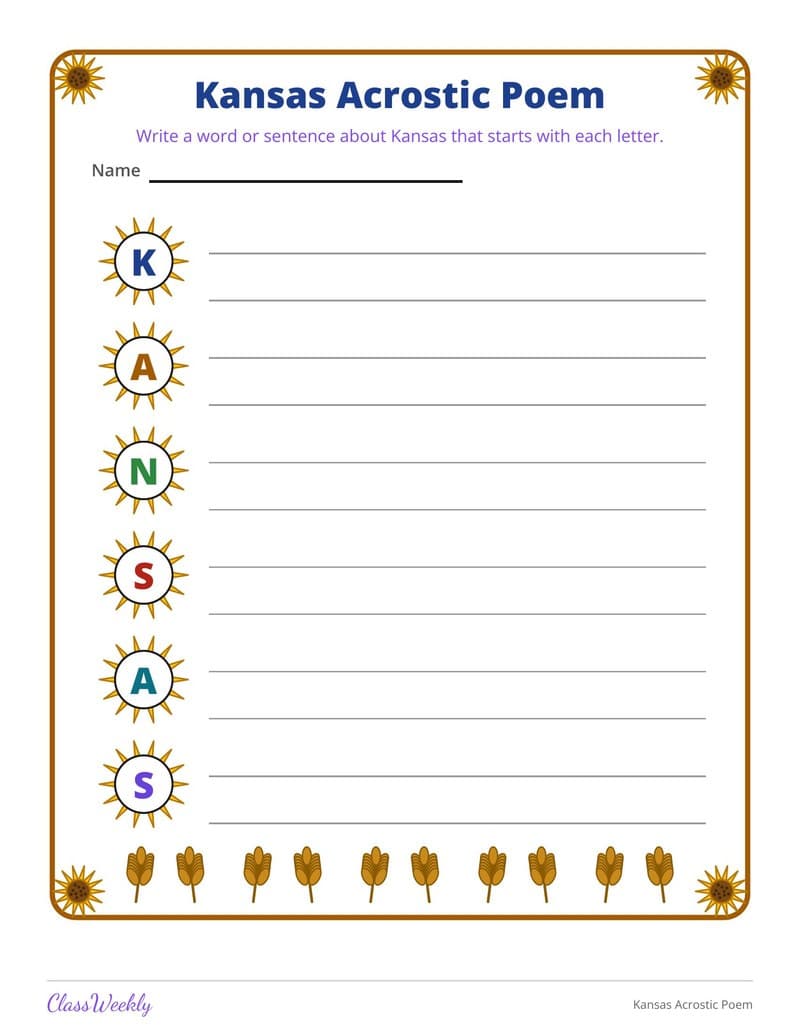 Kansas Acrostic Poem - 4th Grade Writing Paper printable preview