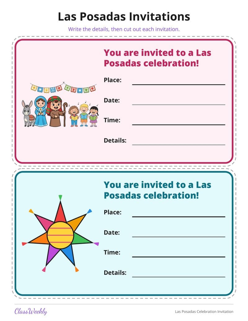 Las Posadas Celebration Invitation - Kindergarten Writing Paper printable preview