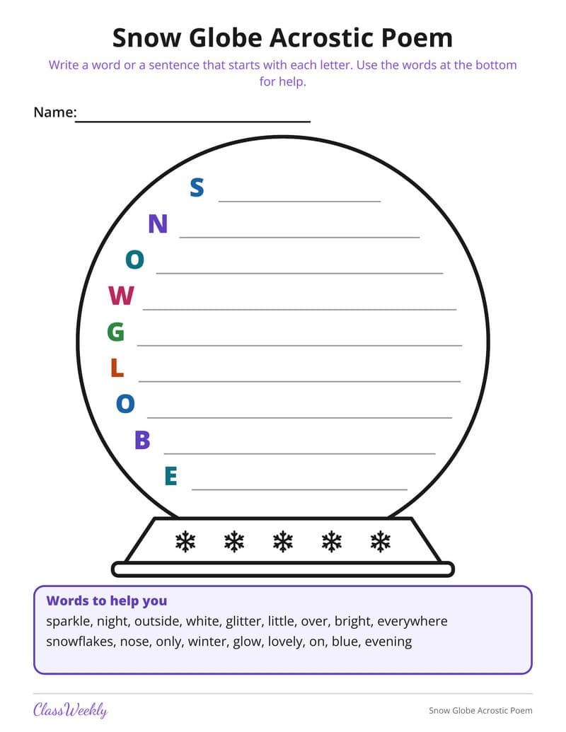 Snow Globe Acrostic Poem - Kindergarten Writing Paper printable preview