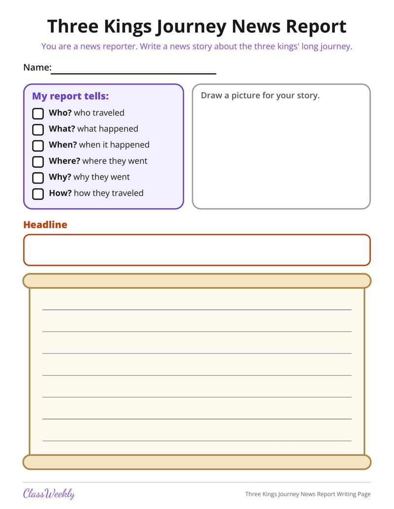 Three Kings Journey News Report Writing Page - Kindergarten Writing Paper printable preview