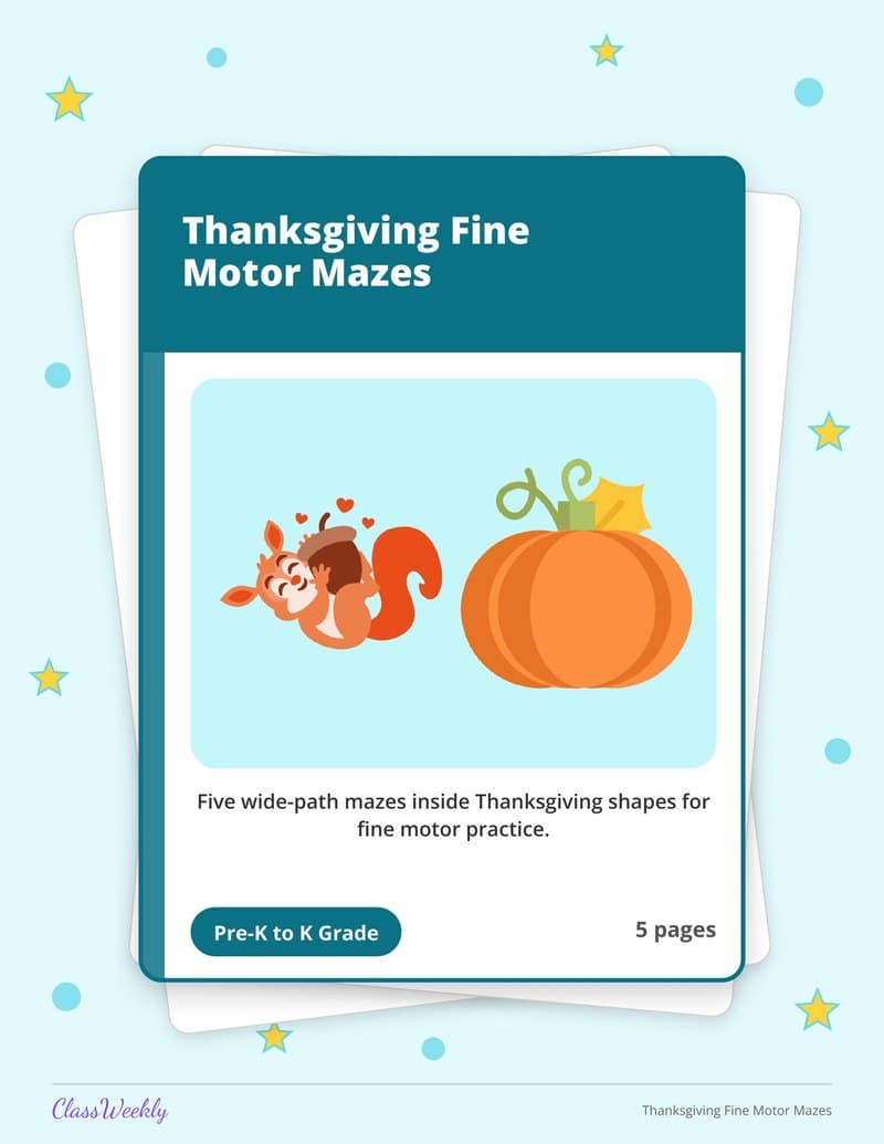 Thanksgiving Fine Motor Mazes - Kindergarten Writing printable preview