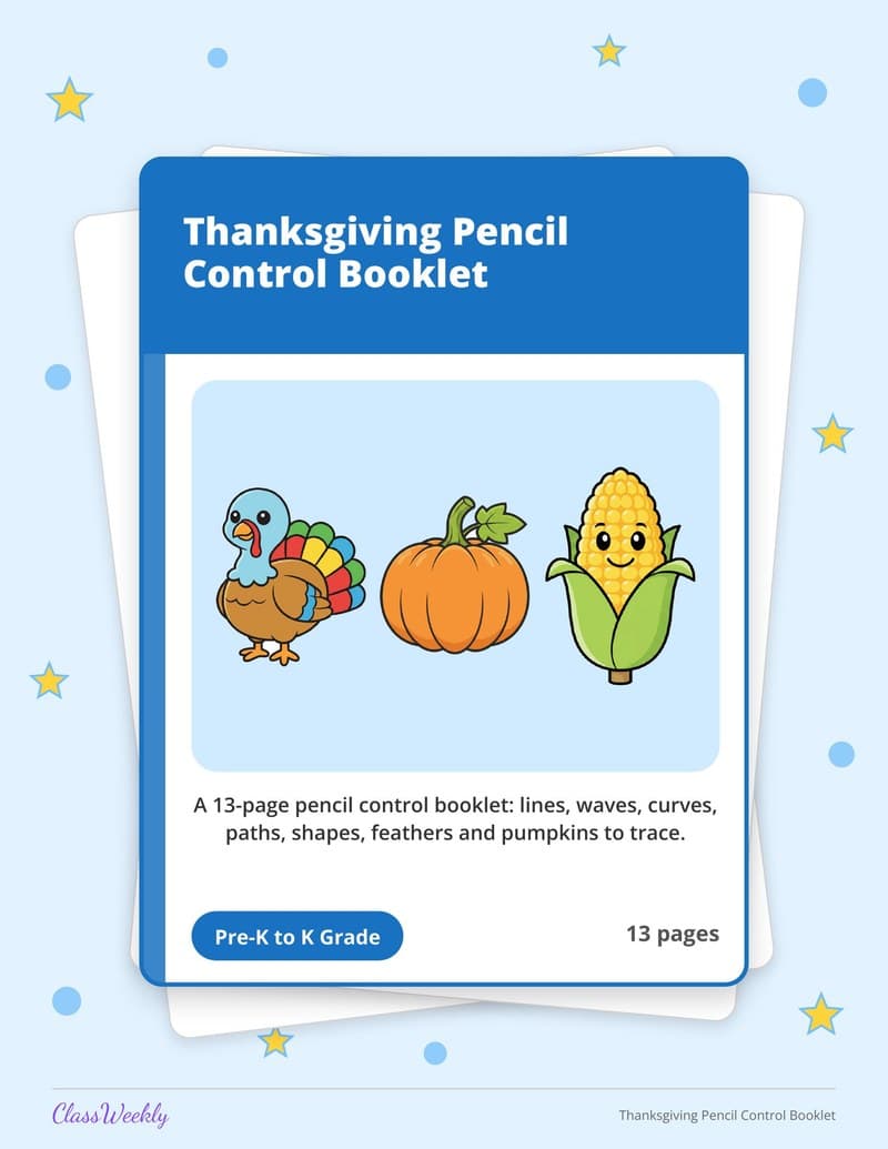 Thanksgiving Pencil Control Booklet - Kindergarten Writing printable preview