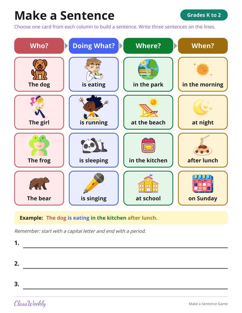Make a Sentence Game - 1st Grade Grammar printable preview