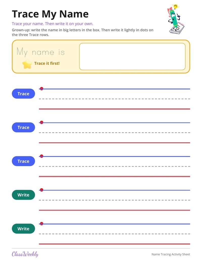 Trace My Name Practice Sheet - Kindergarten Writing printable preview