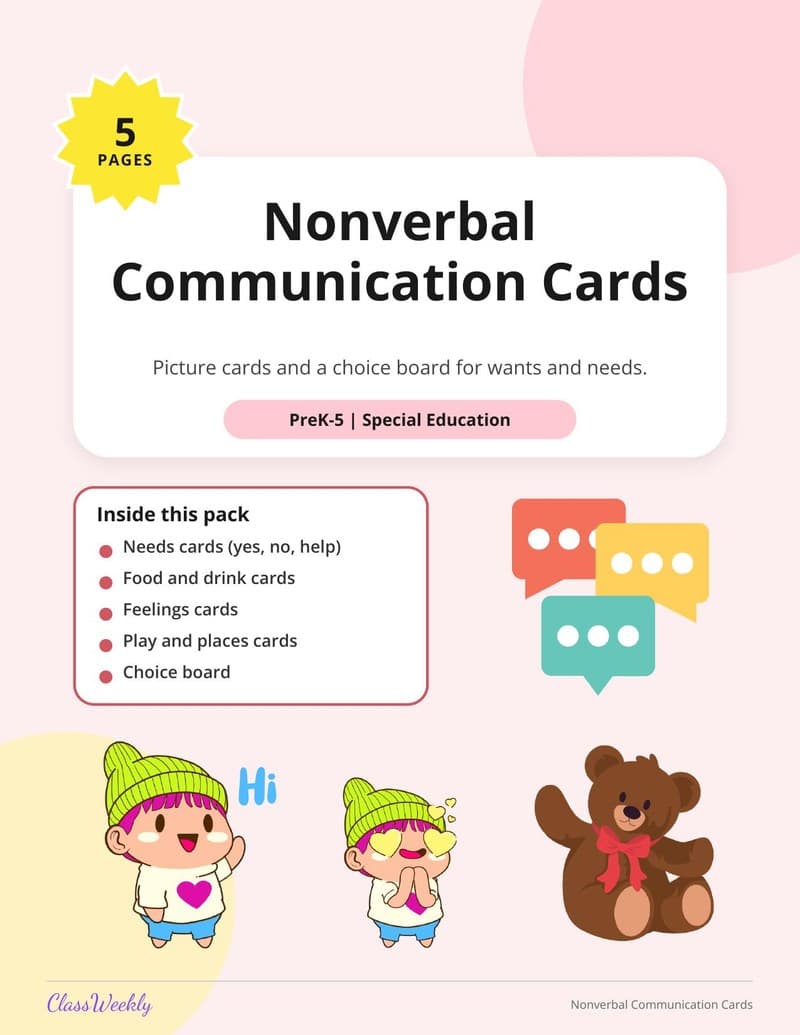 Nonverbal Communication Cards - Kindergarten Speech & Language printable preview