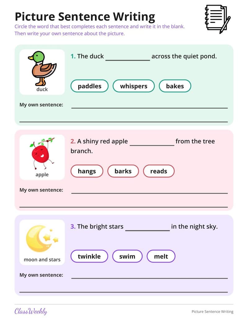 Picture Sentence Writing - 2nd Grade English & Reading printable preview