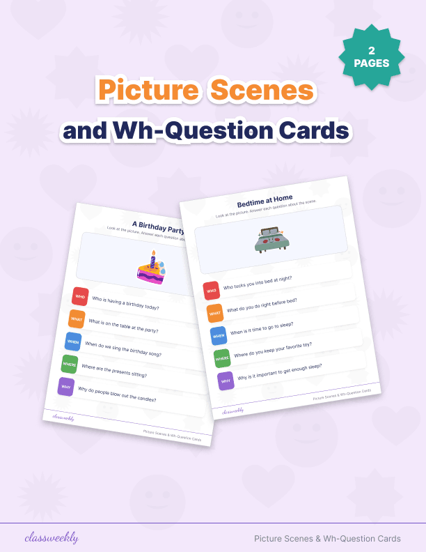 Picture Scenes & Wh-Questions - Kindergarten Speech & Language worksheet preview