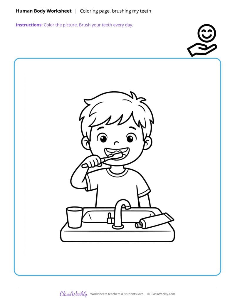Brushing My Teeth Coloring Page - Human Body - Preschool Coloring Pages worksheet preview