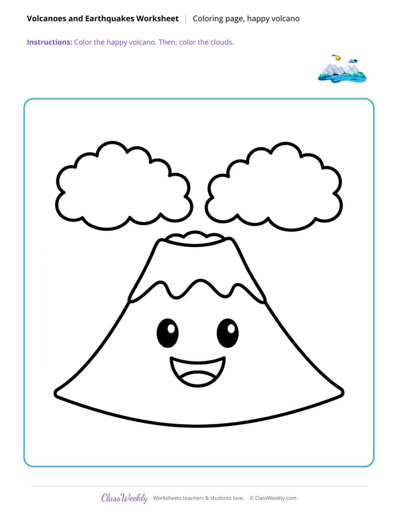 Happy Volcano Coloring Page - Volcanoes & Earthquakes - Preschool Coloring Pages worksheet preview