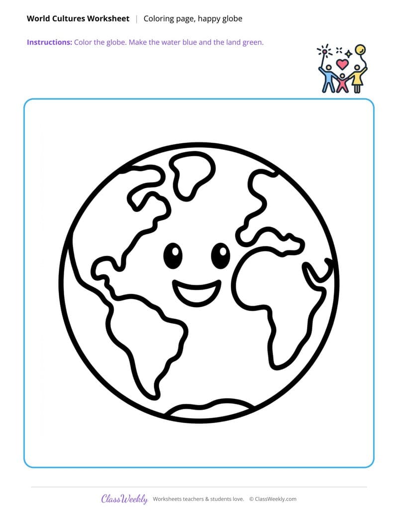 Happy Globe Coloring Page - Diversity & World Cultures - Preschool Coloring Pages worksheet preview