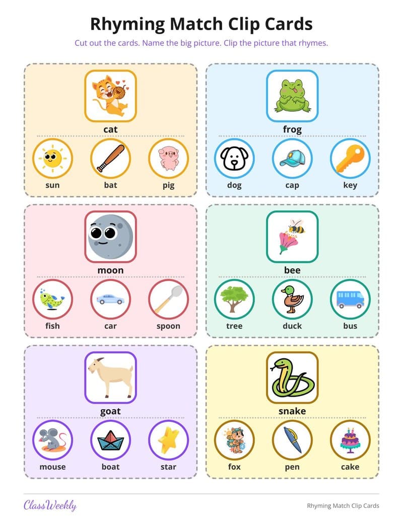 Rhyming Match Clip Cards - Kindergarten Alphabet printable preview