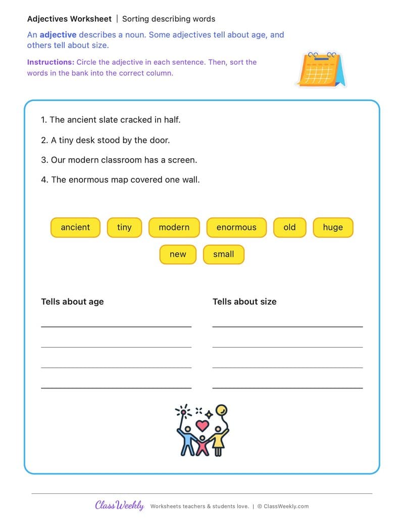 Sorting describing words - Change and Continuity - 2nd Grade worksheet preview