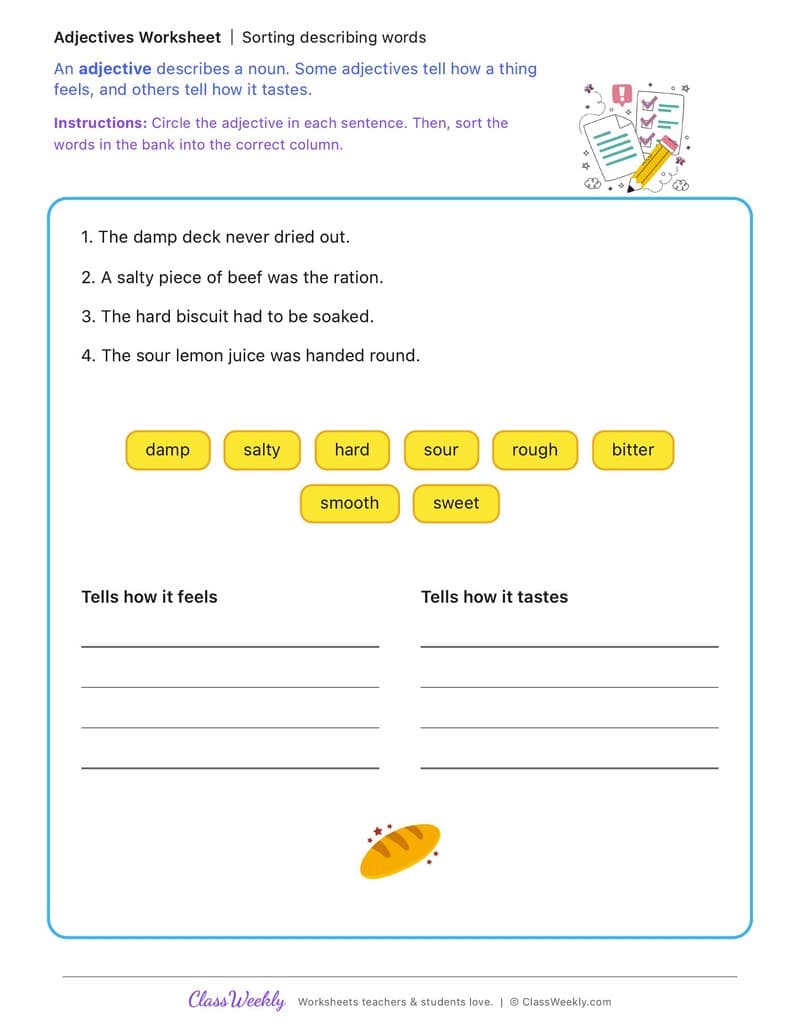 Sorting describing words - First Fleet Experiences - 2nd Grade worksheet preview