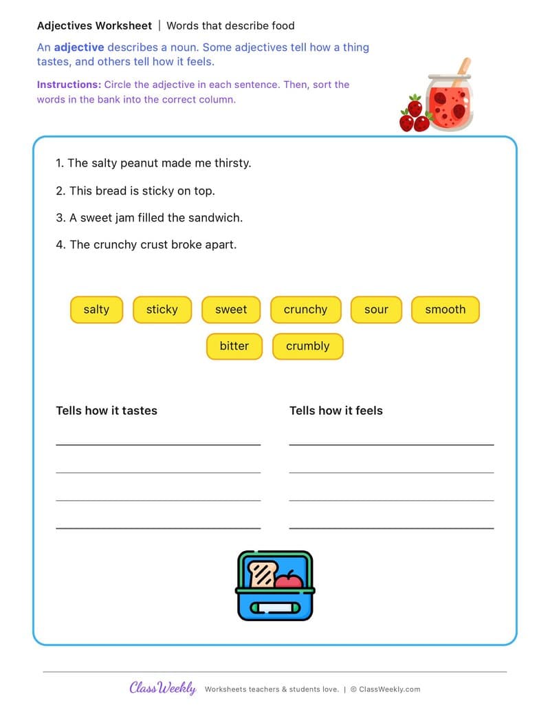Words that describe food - National Peanut Butter Day - 2nd Grade worksheet preview