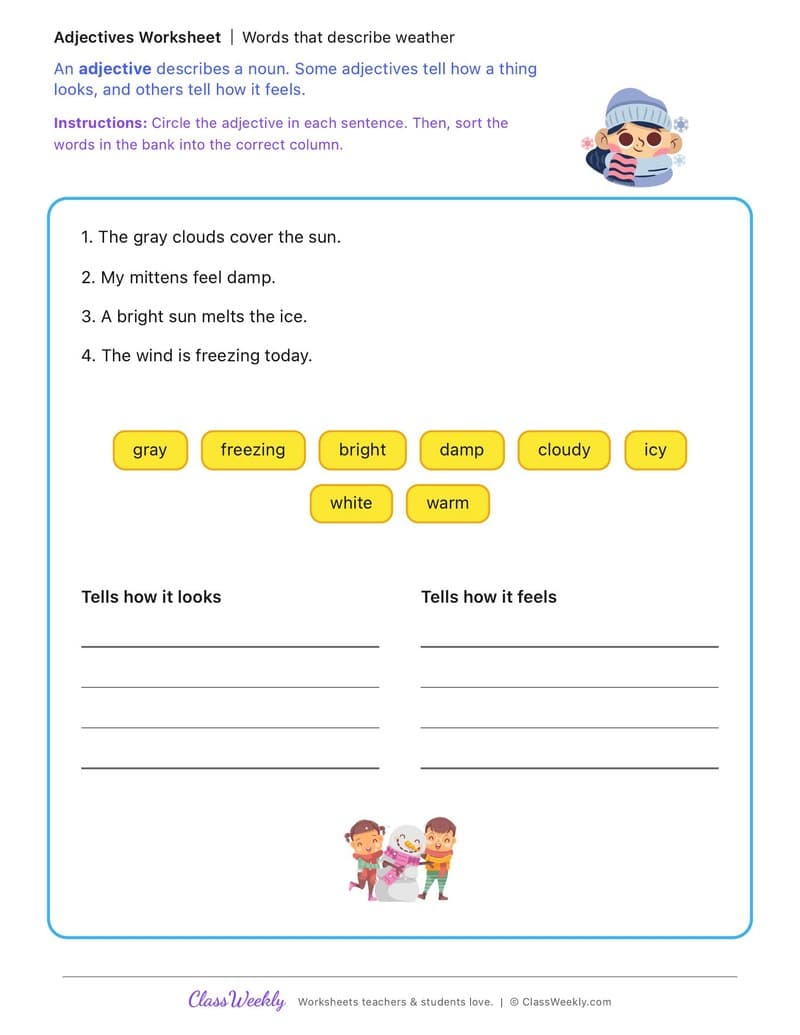 Words that describe weather - Winter Science & Weather - 2nd Grade worksheet preview