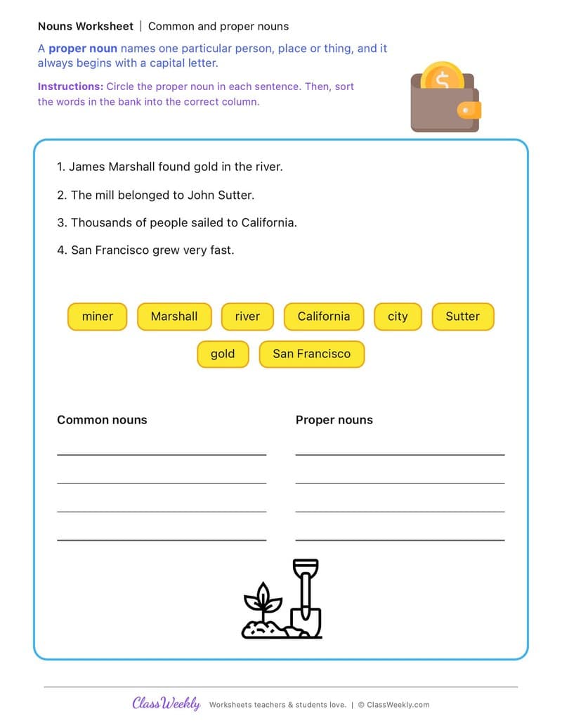 Common and proper nouns - California Gold Rush - 2nd Grade worksheet preview