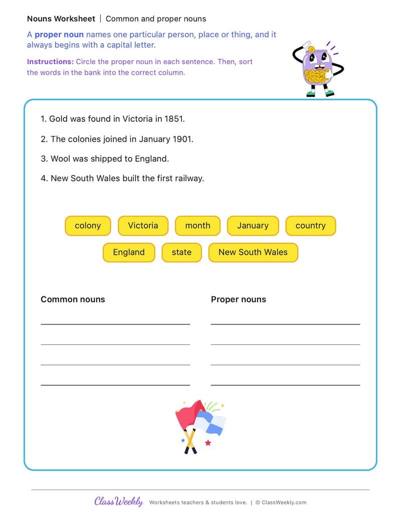Common and proper nouns - Colonial Australia (British Colonisation) - 2nd Grade worksheet preview