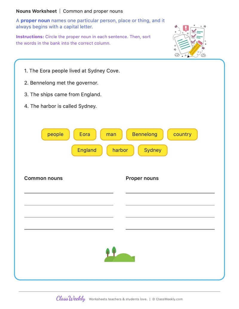 Common and proper nouns - Effects of First Fleet Contact on First Nations Australians - 2nd Grade worksheet preview