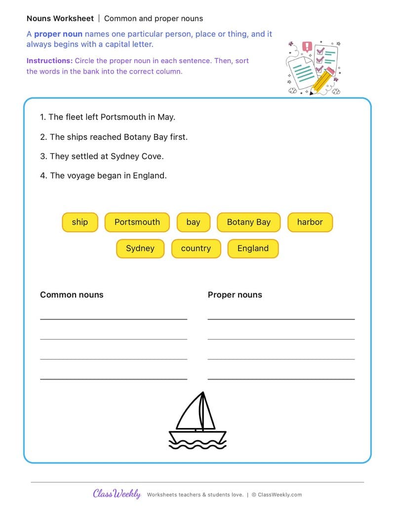 Common and proper nouns - First Fleet - 2nd Grade worksheet preview