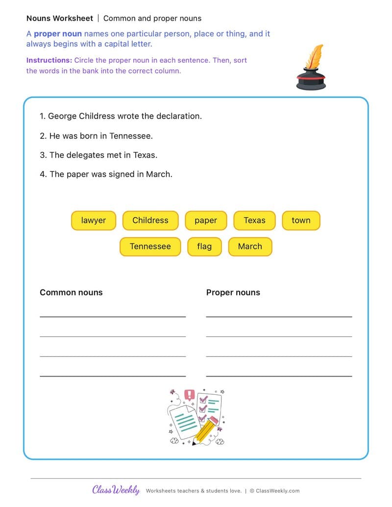 Common and proper nouns - George Childress - 2nd Grade worksheet preview