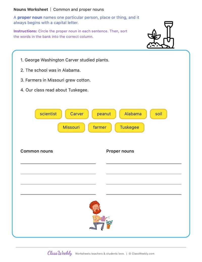 Common and proper nouns - George Washington Carver - 2nd Grade worksheet preview