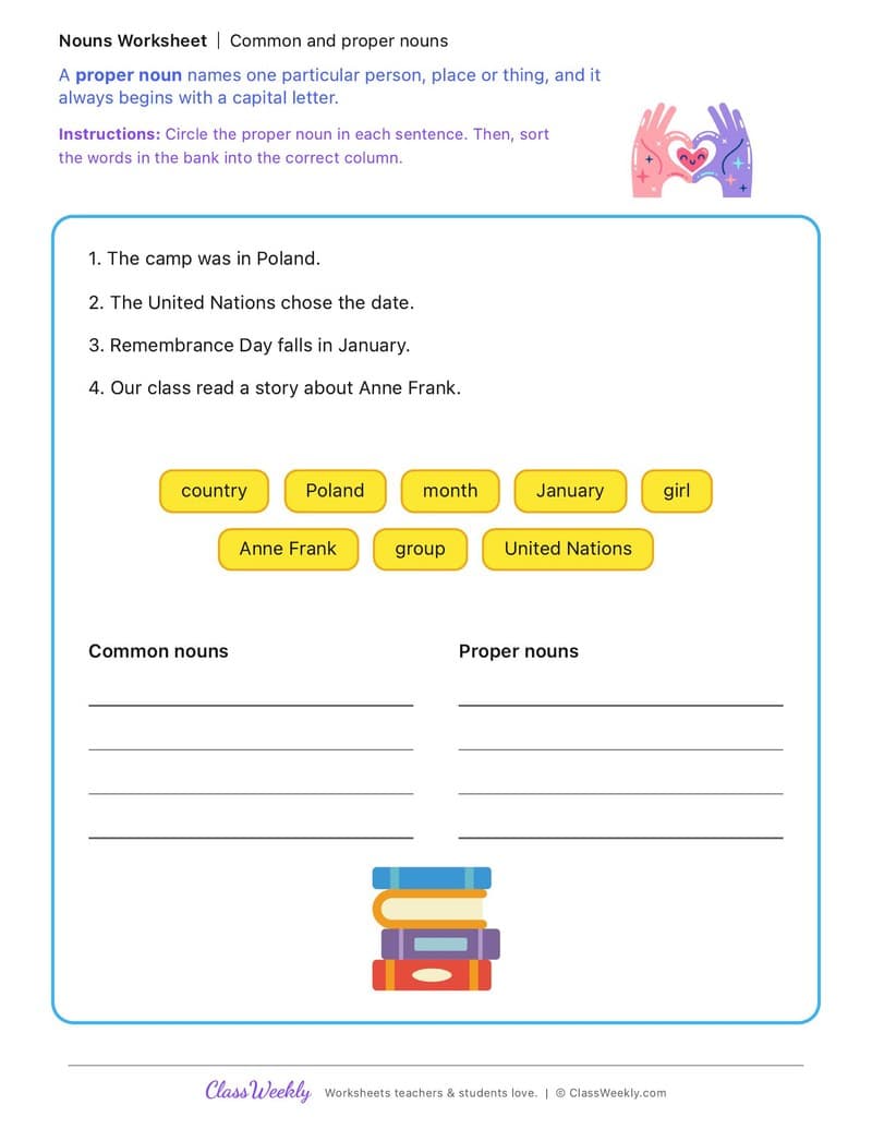 Common and proper nouns - International Holocaust Remembrance Day - 2nd Grade worksheet preview