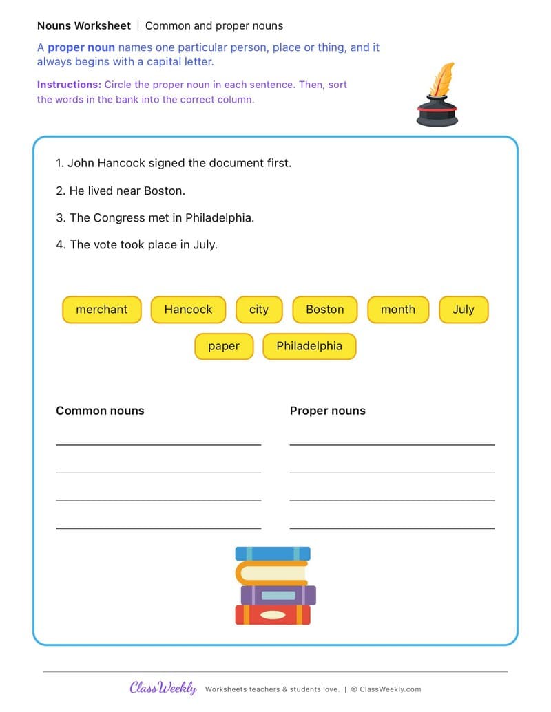 Common and proper nouns - John Hancock - 2nd Grade worksheet preview