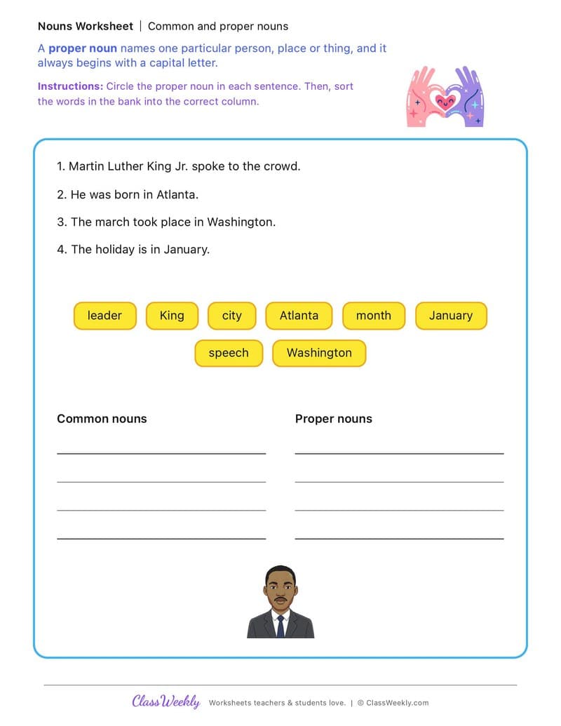 Common and proper nouns - MLK Day / Black History Month - 2nd Grade worksheet preview