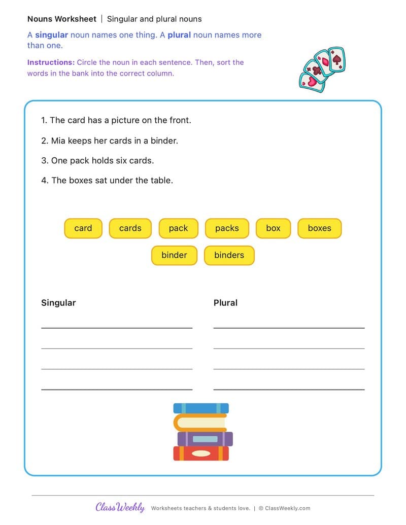 Singular and plural nouns - National Trading Card Day - 2nd Grade worksheet preview