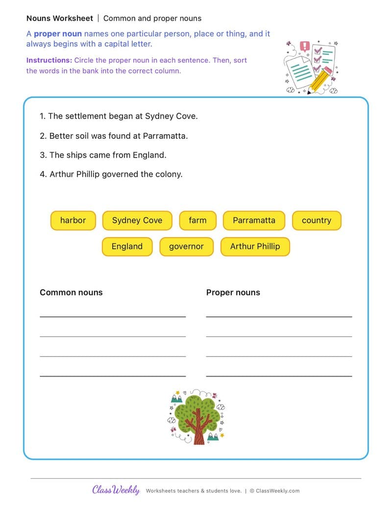 Common and proper nouns - The First British Colony in Australia - 2nd Grade worksheet preview