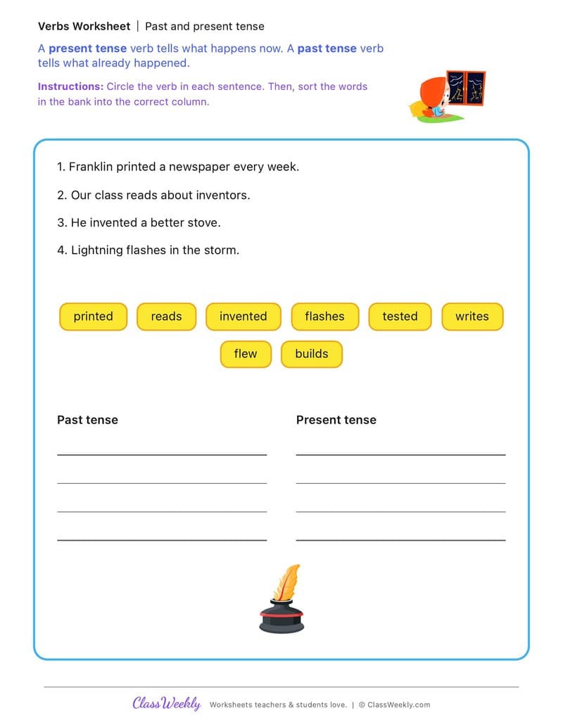 Past and present tense - Benjamin Franklin - 2nd Grade worksheet preview