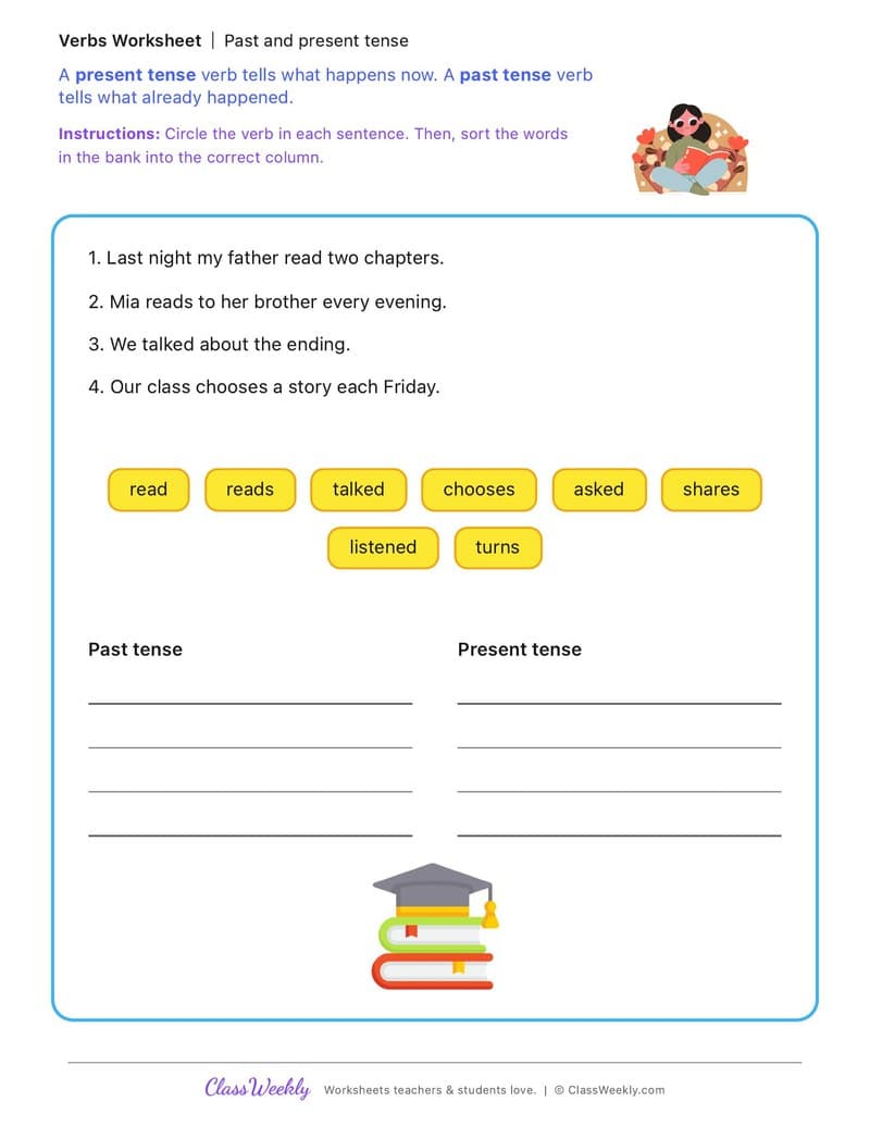 Past and present tense - Family Literacy Day - 2nd Grade worksheet preview