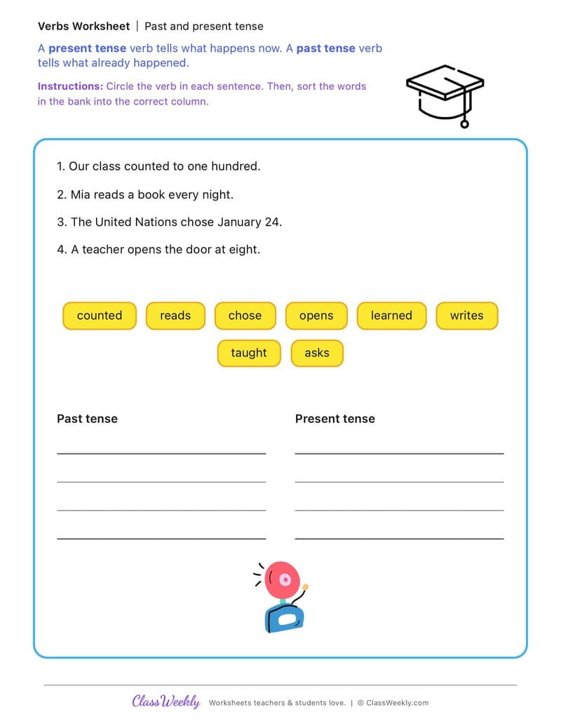 Past and present tense - International Day of Education - 2nd Grade worksheet preview