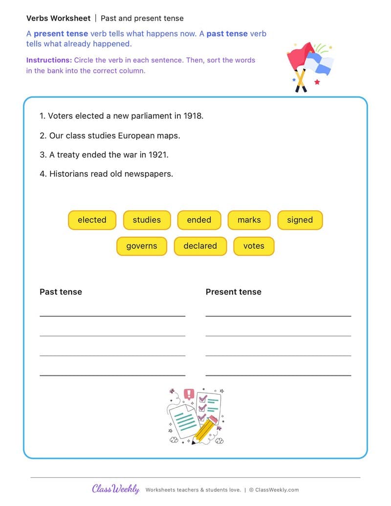 Past and present tense - Irish Revolution and War of Independence - 2nd Grade worksheet preview